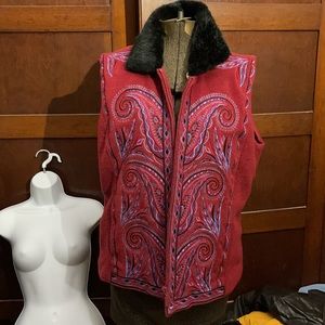 Bob Mackie Fleece Embroidered Vest with Faux Fur Collar